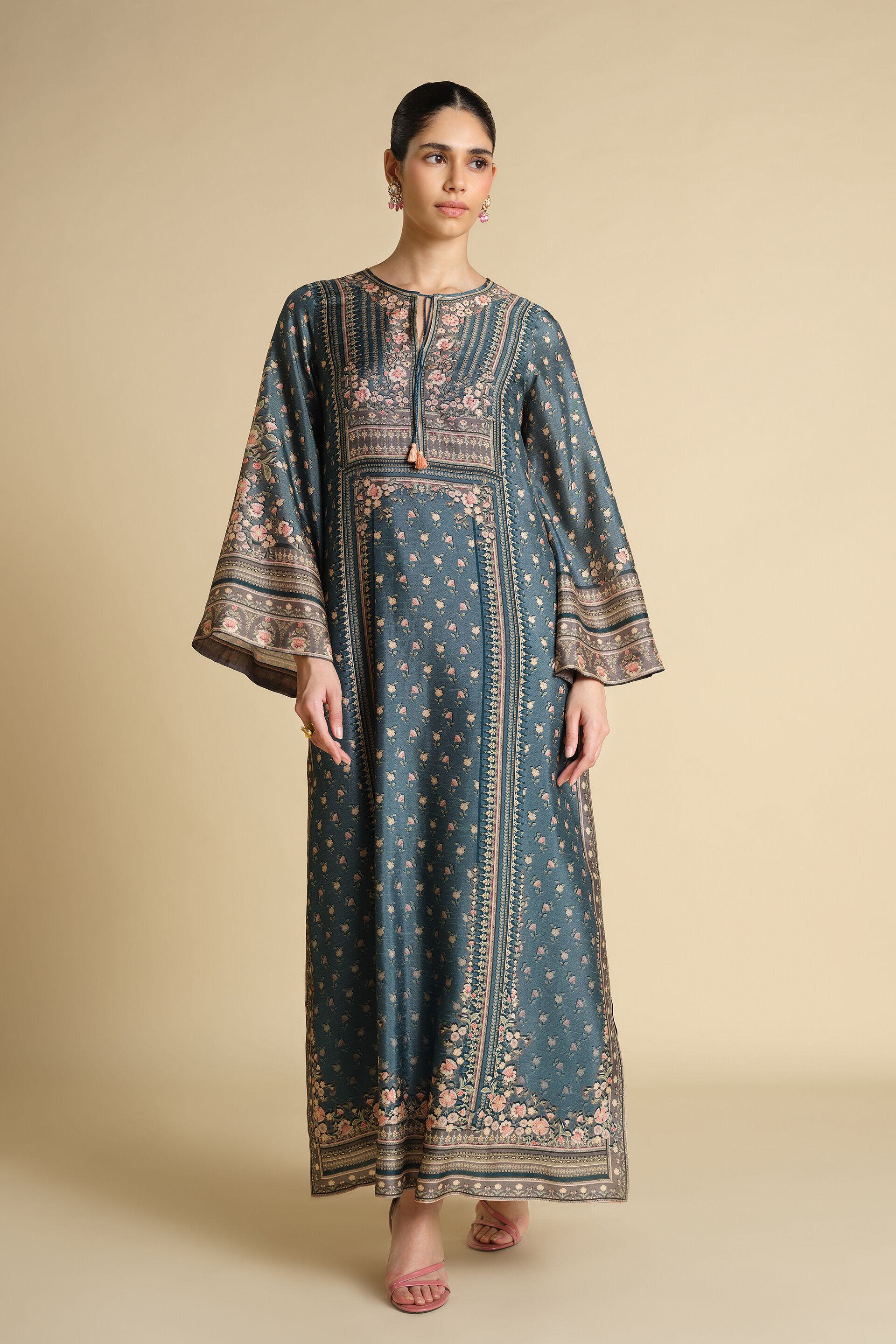 Yazhini Printed Silk Kaftan - Blue, Blue, image 1